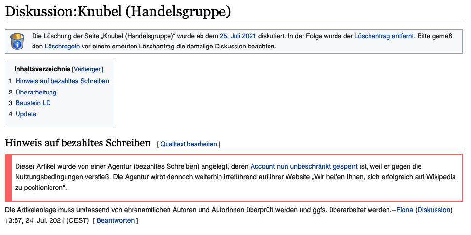 Screenshot von einer Artikeldiskussionsseite auf Wikipedia