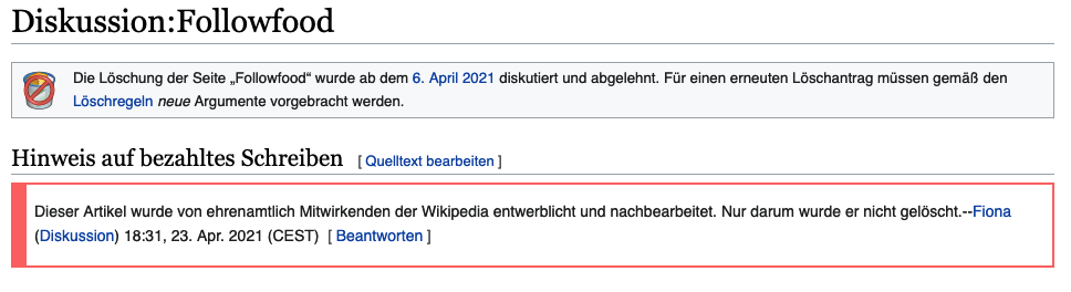 Screenshot von der Artikeldiskussionsseite „Followfood“ Screenshot von einer Artikeldiskussionsseite auf Wikipedia