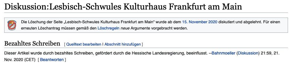 Screenshot der einer Artikeldiskussionsseite „Lesbisch-Schwules Kulturhaus Frankfurt am Main“ auf Wikipedia