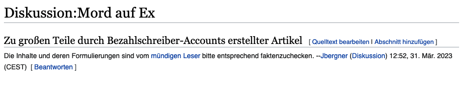 Screenshot der einer Artikeldiskussionsseite „Mord auf Ex“ auf Wikipedia