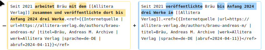 Version vom 17. Januar 2025, 20:23 Uhr – Bearbeitung „Zuschuss-Verlag“ Screenshot aus dem Wikipedia-Artikel zu Andreas M Bräu, Version vom 17. Januar 2025, 20:23 Uhr – Bearbeitung „Zuschuss-Verlag“